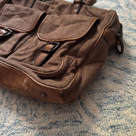 Fossil leather and wool 90s herringbone business attache overnight vintage bag - Picture 3 of 9